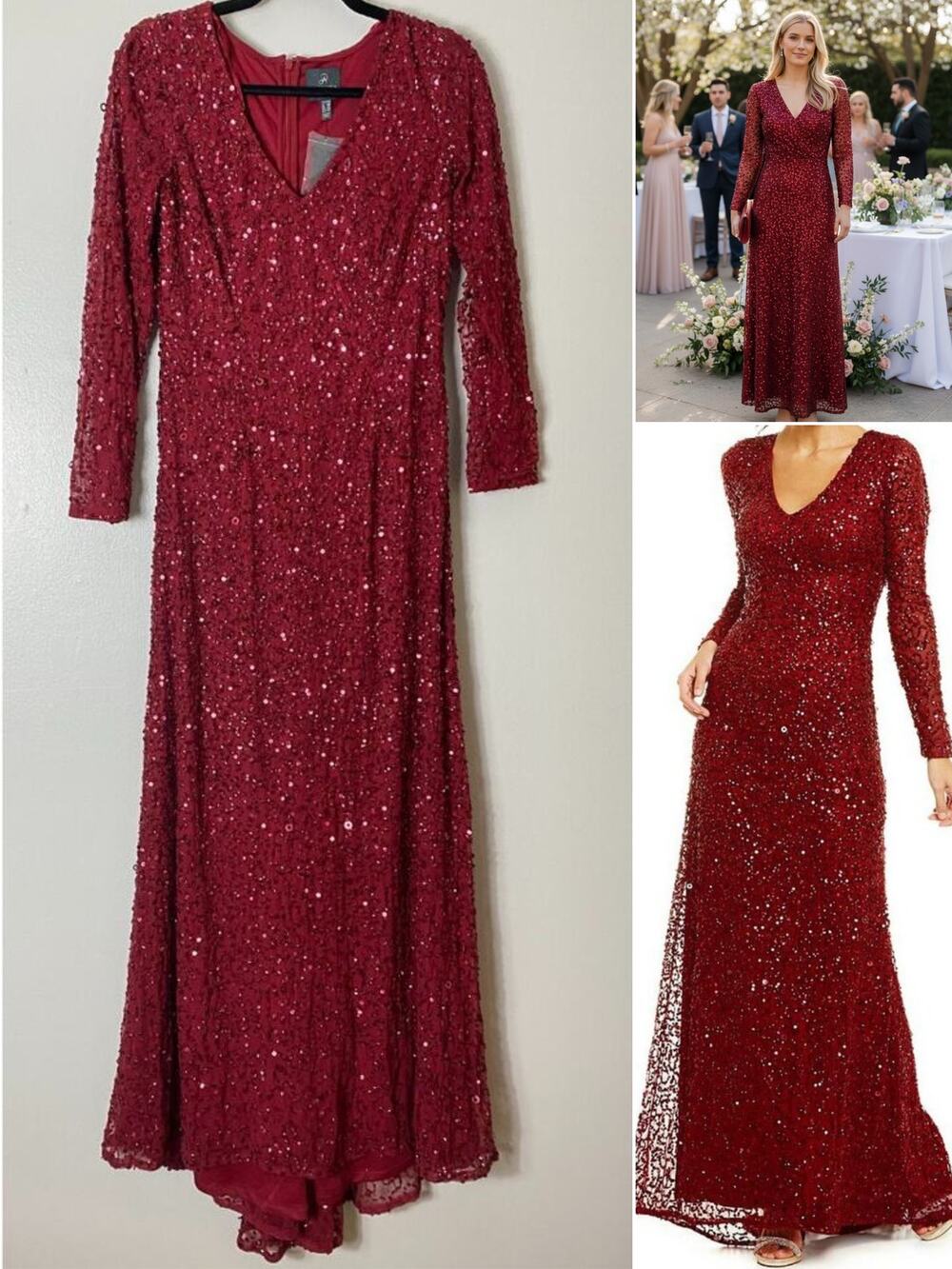 Adrianna Papell Dress Red Sequin Beaded Gown Mother of the Bride Wedding Guest